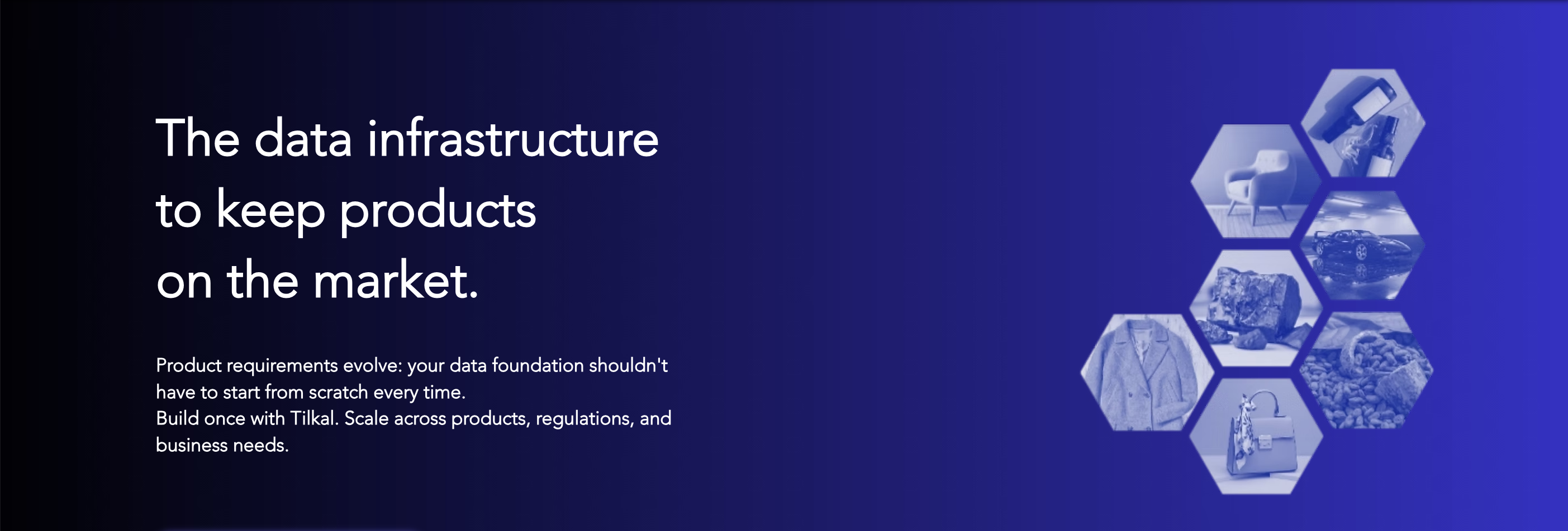 A dark blue background with a set of visuals representing the textile, minerals, furnishure, cosmetics, automotive, food and leather sectors