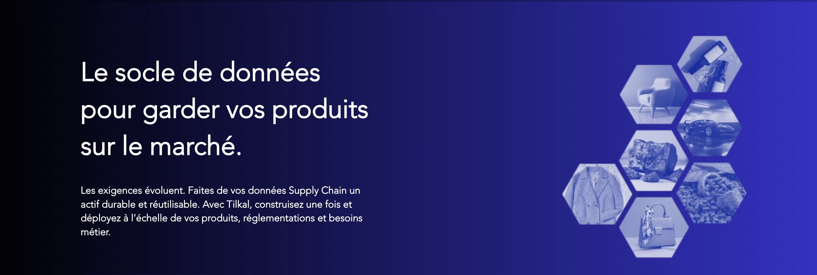 A dark blue background with a set of visuals representing the textile, minerals, furnishure, cosmetics, automotive, food and leather sectors